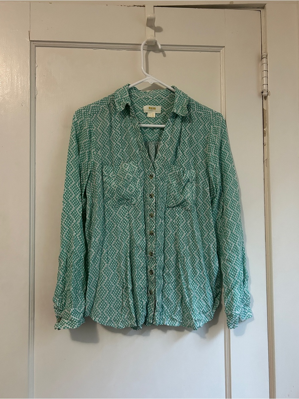 Women’s Anthropologie Maeve Teal Patterned Button-Down Shirt - Size 6